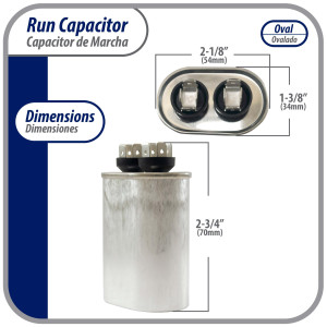 Appli Parts Run Capacitor for ac 5 Mfd uF (microfarads) 370 VAC or 450 VAC CBB65 Oval Universal fit for hvac and other applications 2-3/4in H 1-3/8in W 2-1/8in L CON-5-450-O Appli Parts Run Capacitor for ac 5 Mfd uF (microfarads) 370 VAC or 450 VAC CBB65 Oval Universal fit for hvac and other applications 2-3/4in H 1-3/8in W 2-1/8in L CON-5-450-O