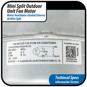 Fan Motor single phase asynchronous Outdoor Unit YKT-24-6-10L RoHS YDK24-6FB(B) (YDK24-6F-23) 220-240V/60Hz 24W 6p 0.35A Bcl LRA 0.40A 202400401340, 11002012000833 
Fits: NBCM018C10B, PAC12047, X2 Fan Motor single phase asynchronous Outdoor Unit YKT-24-6-10L RoHS YDK24-6FB(B) (YDK24-6F-23) 220-240V/60Hz 24W 6p 0.35A Bcl LRA 0.40A 202400401340, 11002012000833 
Fits: NBCM018C10B, PAC12047, X2
