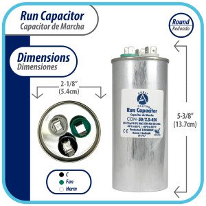 Appli Parts CON-50/7.5-450 Dual Run Capacitor for ac 50+7.5 Mfd uF (microfarads) 370VAC or 450VAC CBB65 Round Universal fit for hvac and other applications 5-3/8 in High 2-1/8 in Wide