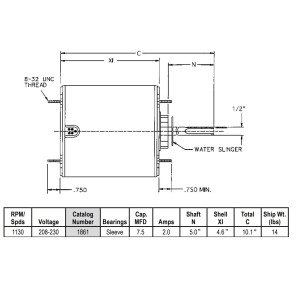 US Motors 1/3 hp 1075 rpm, 6 poles, 1 shaft, TEAO Enclosure, 1 speed, 5.6 diameter, CCW, Lead End, Reversible, 208-230 V, 60 hz, 1 ph, 7.5 mfd/370 VAC Run Capacitor Not Included, 1861 K055WMT1281012B