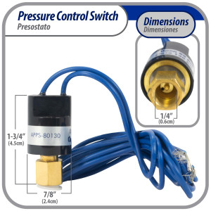 Appli Parts APPS-80130 Low Pressure control switch R410, Open 80 psi, Close 130 psi, 40 in Cable, SPST, 1/4 SAE female connection, Automatic Reset, universal replacement for Air Conditioning Applications  Appli Parts APPS-80130 Low Pressure control switch R410, Open 80 psi, Close 130 psi, 40 in Cable, SPST, 1/4 SAE female connection, Automatic Reset, universal replacement for Air Conditioning Applications