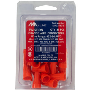 MA-Line MA01020-1 Orange Twist on Wire Connector No. 22 through 14 AWG. Bag of 25ea MA-Line MA01020-1 Orange Twist on Wire Connector No. 22 through 14 AWG. Bag of 25ea
