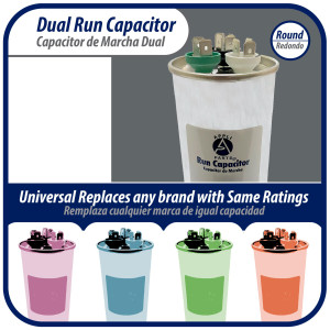 Appli Parts Dual Run Capacitor for ac 50+10 Mfd uF (microfarads) 370VAC CBB65 Round Universal fit for hvac and other applications 2-1/4 in Wide 5-3/8 in Height CON-50/10-370-R

