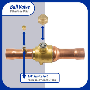 Appli Parts APBV-118 1-1/8 in Shut Off Ball Valve ODF Universal Replacement 610 psi (4.2 Mpa) max pressure -22 F to 248 F work temperature with 1/4 in SAE service port, with 8-1/2 in overall length