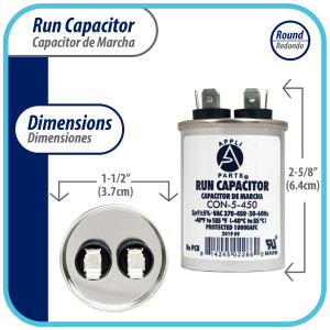 Appli Parts Run Capacitor for ac 5 Mfd uF (microfarads) 370 VAC or 450 VAC CBB65 Round Universal fit for hvac and other applications 2-1/2 in High 1-1/2 in Wide CON-5-450