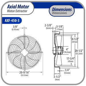 Appli Parts AXF-450-3 17-3/4 in Axial Fan Motor Guard Mounted Fan Blade 220V, 3 Ph, 50-60 Hz, 300W, 1600 rpm, Universal replacement for Cold Room Evaporators, Condensing Units, Work Temp -22F to 140F