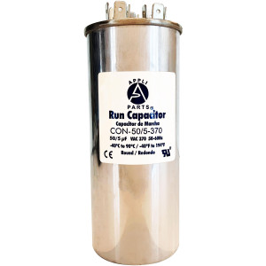 Appli Parts Dual Run Capacitor for ac 50+5 Mfd uF (microfarads) 370VAC CBB65 Round Universal fit for hvac and other applications 2 in Wide 5-1/4 in Height CON-50/5-370-R
 Appli Parts Dual Run Capacitor for ac 50+5 Mfd uF (microfarads) 370VAC CBB65 Round Universal fit for hvac and other applications 2 in Wide 5-1/4 in Height CON-50/5-370-R