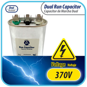 Appli Parts CON-60/5-370 Dual Run Capacitor for ac 60+5 Mfd uF (microfarads) 370VAC CBB65 Oval Universal fit for hvac and other applications 3-1/2in Wide 1-3/4in Depth 4-1/2in High