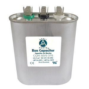 Appli Parts CON-60/5-370 Dual Run Capacitor for ac 60+5 Mfd uF (microfarads) 370VAC CBB65 Oval Universal fit for hvac and other applications 3-1/2in Wide 1-3/4in Depth 4-1/2in High
