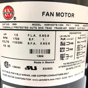 US Motors 1899 1/2 Hp 1725 rpm, 4 poles, 1 shaft, TEAO Enclosure, 1 speed, 5.6 diameter, 48 Frame CCW Lead End Reversible 115-230V/60Hz/1Ph 20mfd/370Vac Run Capacitor K055DTS1234012B, K55HXDTS-1234
