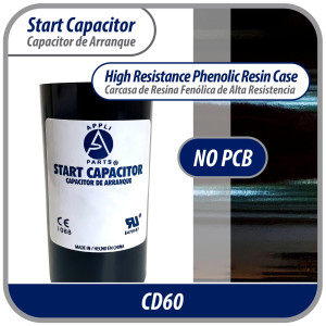 Appli Parts motor start capacitor 540-648 Mfd (microfarads) uF 110-125 VAC universal fit for electric motor applications 1-3/4 in Wide 3-3/8 in Height CON-540-110
