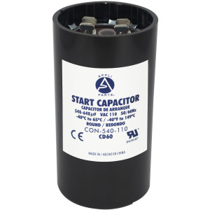 Appli Parts motor start capacitor 540-648 Mfd (microfarads) uF 110-125 VAC universal fit for electric motor applications 1-3/4 in Wide 3-3/8 in Height CON-540-110
