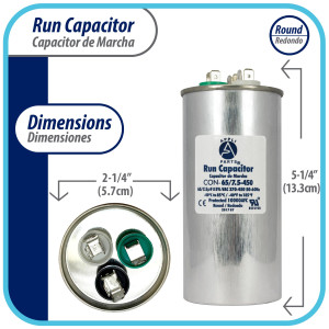 Appli Parts Dual Run Capacitor for ac 65+7.5 Mfd uF (microfarads) 370VAC or 450VAC CBB65 Round Universal fit for hvac and other applications 5-1/4 in High 2-1/4 in Wide CON-65/7.5-450