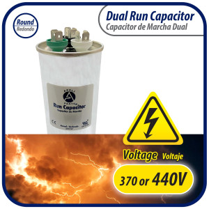 Appli Parts Dual Run Capacitor for ac 65+7.5 Mfd uF (microfarads) 370VAC or 450VAC CBB65 Round Universal fit for hvac and other applications 5-1/4 in High 2-1/4 in Wide CON-65/7.5-450