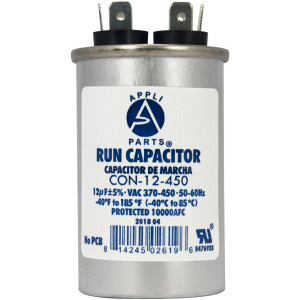 Appli Parts Run Capacitor for ac 12 Mfd uF (microfarads) 370 VAC or 450 VAC CBB65 Round Universal fit for hvac and other applications 3 in High 1-1/2 in Wide CON-12-450