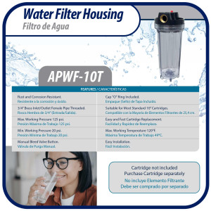 Appli Parts APWF-10T Water Filter 10 in Clear with 3/4 in Female Bronze Connector (Does not include the filter element) Appli Parts APWF-10T Water Filter 10 in Clear with 3/4 in Female Bronze Connector (Does not include the filter element)