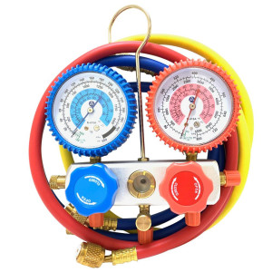 Appli Parts APMG-A1A36S R410A Manifold Gauge Set Dual Scale kPa/psi and Temperature Fahrenheit and Celsius, Aluminum Body with Sight Glass, Includes 90 cm Hoses 5/16 SAE Red Blue and 1/4 SAE Yellow