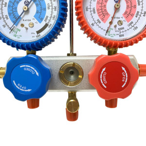Appli Parts APMG-A1A36S R410A Manifold Gauge Set Dual Scale kPa/psi and Temperature Fahrenheit and Celsius, Aluminum Body with Sight Glass, Includes 90 cm Hoses 5/16 SAE Red Blue and 1/4 SAE Yellow