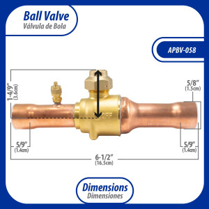 Appli Parts APBV-058 5/8 in Shut Off Ball Valve ODF Universal Replacement 610 psi (4.2 Mpa) max pressure -22 F to 248 F work temperature with 1/4 in SAE service port, with 6-1/2 in overall length