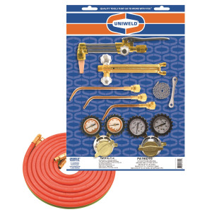 Uniweld KL71-4 Welding, Brazing and Cutting Outfit Includes: Welding Handle / Welding and Brazing Tips / Cutting Attachment and Tip / Oxygen and Acetylene Regulator / Twin Hose / Goggles / Flint Lighter / Tank Key Uniweld KL71-4 Welding, Brazing and Cutting Outfit Includes: Welding Handle / Welding and Brazing Tips / Cutting Attachment and Tip / Oxygen and Acetylene Regulator / Twin Hose / Goggles / Flint Lighter / Tank Key