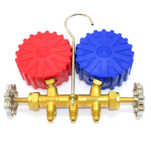 Uniweld QS8N5SMEZ Brass Body Manifold with 3-1/8 in NPF Gauges, 5 ft EZ-Turn Anti-Blowback Hose Set, with R-410A,R-22,R-404A,R-134a, F and PSI Scales 48672