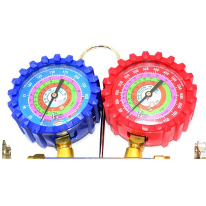 Uniweld QS8N5SMEZ Brass Body Manifold with 3-1/8 in NPF Gauges, 5 ft EZ-Turn Anti-Blowback Hose Set, with R-410A,R-22,R-404A,R-134a, F and PSI Scales 48672