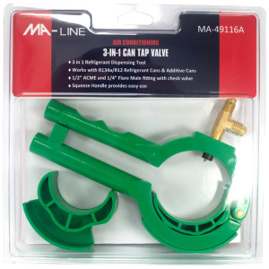 MA-Line MA-49116A Valvula para lata de Refrigerante y Aditivos 3 en 1. Incluye 1/2pulg ACME y 1/4pulg Flare con Valvula Check MA-Line MA-49116A Valvula para lata de Refrigerante y Aditivos 3 en 1. Incluye 1/2pulg ACME y 1/4pulg Flare con Valvula Check