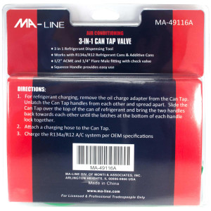 MA-Line MA-49116A Valvula para lata de Refrigerante y Aditivos 3 en 1. Incluye 1/2pulg ACME y 1/4pulg Flare con Valvula Check MA-Line MA-49116A Valvula para lata de Refrigerante y Aditivos 3 en 1. Incluye 1/2pulg ACME y 1/4pulg Flare con Valvula Check