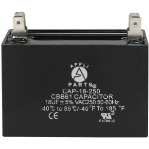 Appli Parts Fan Capacitor 18 mfd (microfarads) uf 250 VAC with 4 Terminal Connections compatible with any brand within the same range of capacitance 2-1/4in Width 7/8in Depth 1-7/8in Height CAP-18-250
