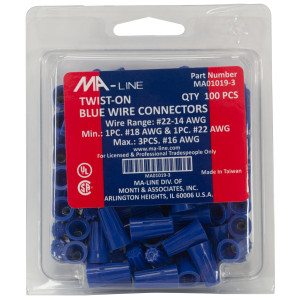 MA-Line MA01019-3 Blue Twist on Wire Connector No. 22 through 14 AWG. Bag of 100ea MA-Line MA01019-3 Blue Twist on Wire Connector No. 22 through 14 AWG. Bag of 100ea