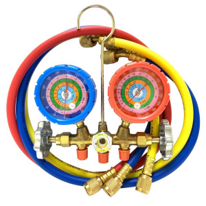 Appli Parts APMG-A3B36S R134,R22,R404,R410 Manifold Gauge Set, Brass Body with Sight-glass, Includes 36 in long 1/4 in SAE Hose Set, Pressure psi, Temperature Fahrenheit Scales Appli Parts APMG-A3B36S R134,R22,R404,R410 Manifold Gauge Set, Brass Body with Sight-glass, Includes 36 in long 1/4 in SAE Hose Set, Pressure psi, Temperature Fahrenheit Scales