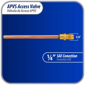 Appli Parts APVS-1431631/4 in SAE Access Schrader Valve x 3/16 ODF x 3 in Copper Stem with Valve Core and Cap with gasket and core remover for AC and refrigeration systems Appli Parts APVS-1431631/4 in SAE Access Schrader Valve x 3/16 ODF x 3 in Copper Stem with Valve Core and Cap with gasket and core remover for AC and refrigeration systems