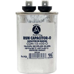 Appli Parts Run Capacitor for ac 15 Mfd uF (microfarads) 370 VAC or 450 VAC CBB65 Oval Universal fit for hvac and other applications 3-1/2in H 1-3/8in W 2-1/8in L CON-15-450-O Appli Parts Run Capacitor for ac 15 Mfd uF (microfarads) 370 VAC or 450 VAC CBB65 Oval Universal fit for hvac and other applications 3-1/2in H 1-3/8in W 2-1/8in L CON-15-450-O