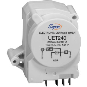 Supco UET240 Timer Electronico Universal 240 V 50/60 Hz PIN 3412 para control de descongelacion, rango de temperatura 0 C a 57 C, frecuencia ajustable 4 a 12 horas y de descongelacion 10 a 35 min