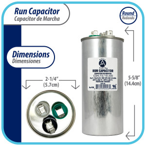Appli Parts Dual Run Capacitor for ac 75+10 Mfd uF (microfarads) 370VAC or 450VAC CBB65 Round Universal fit for hvac and other applications 5-5/8 in High 2-1/4 in Wide CON-75/10-450 Appli Parts Dual Run Capacitor for ac 75+10 Mfd uF (microfarads) 370VAC or 450VAC CBB65 Round Universal fit for hvac and other applications 5-5/8 in High 2-1/4 in Wide CON-75/10-450