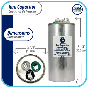 Appli Parts Dual Run Capacitor for ac 65+10 Mfd uF (microfarads) 370VAC or 450VAC CBB65 Round Universal fit for hvac and other applications 5-1/4 in High 2-1/4 in Wide CON-65/10-450