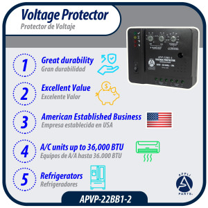 Appli Parts APVP-22BB1-2 220 V Voltage Surge Protector with Adjustable Range and Reconnecting Time, 50-60Hz 1Ph 30A works with all electric appliances and units with rated electrical consumption Appli Parts APVP-22BB1-2 220 V Voltage Surge Protector with Adjustable Range and Reconnecting Time, 50-60Hz 1Ph 30A works with all electric appliances and units with rated electrical consumption
