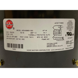 US Motors 1860 Outdoor Condenser Fan Motor 1/4HP 1075 rpm, 6 poles, 1 shaft, TEAO Enclosure, 1 speed, Reversible, 208-230 V, 60 Hz, 1 Ph, 5mfd/370VAC Run Capacitor Not included , K055WMS1280012B