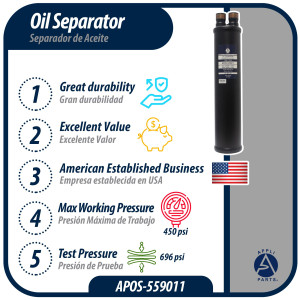 Appli Parts APOS-559011 1-3/8 in ODF Oil Separator, Compatible with CFC, HCFC, HFC, R22, R407C, R502, R134a, R404A, R507A, Working temperature 14 F to 266 F