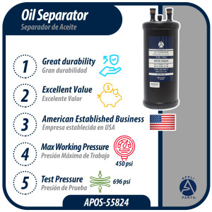Appli Parts APOS-55824 1/2 in ODF Oil Separator, compatible with CFC,HCFC,HFC,R22,R407C,R502,R134a,R404A,R507, Working temperature 14 F to 266 F Appli Parts APOS-55824 1/2 in ODF Oil Separator, compatible with CFC,HCFC,HFC,R22,R407C,R502,R134a,R404A,R507, Working temperature 14 F to 266 F