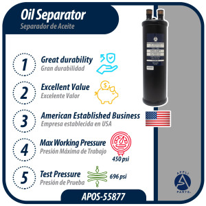 Appli Parts APOS-55877 7/8 in ODF Oil Separator, compatible with CFC,HCFC,HFC,R22,R407C,R502,R134a,R404A,R507, Working temperature 14 F to 266 F