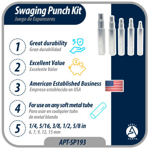 Appli Parts APT-SP193 Juego de Expansores 1/4, 5/16, 3/8, 1/2, 5/8 pulg, para usar en cualquier tubo de metal blando Appli Parts APT-SP193 Juego de Expansores 1/4, 5/16, 3/8, 1/2, 5/8 pulg, para usar en cualquier tubo de metal blando